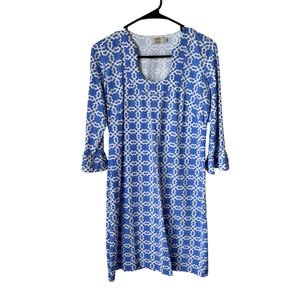 Katherine Way Blue White Geometric Lattice Ruffle Cuff Shift Dress XS USA Made